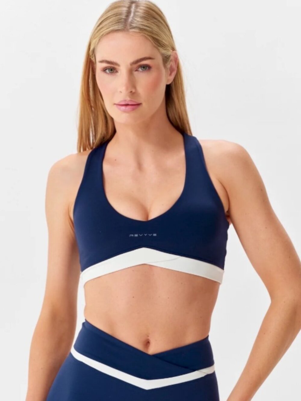 Revyve Active Colorblock Scoop Sports Bra Midnight Navy White M Yoga Pilates